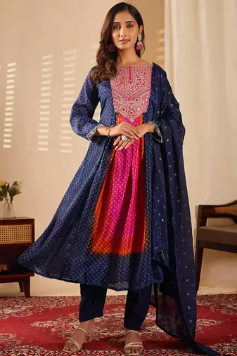 Navy blue chinon print with heavy thread embroidered work  kurta pant set