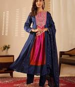 Navy blue chinon print with heavy thread embroidered work  kurta pant set