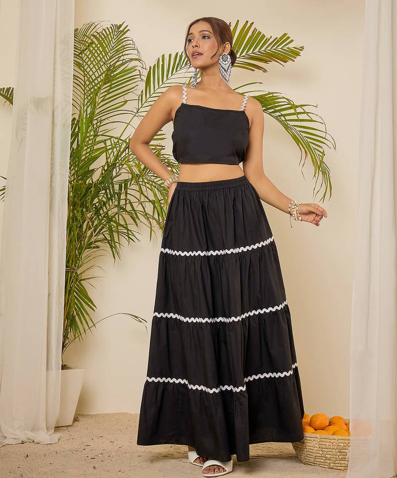 Women black cotton lace detailing crop top with skirt co-ord set