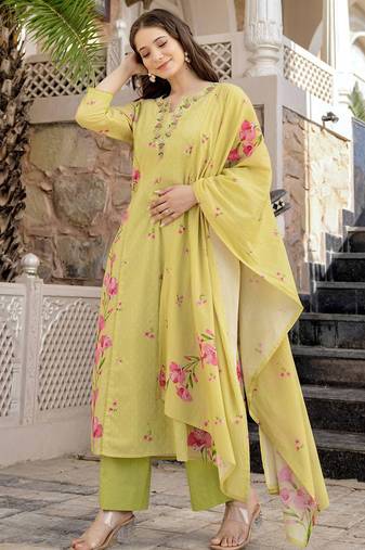 Lemon chanderi butti printed kurta pant set