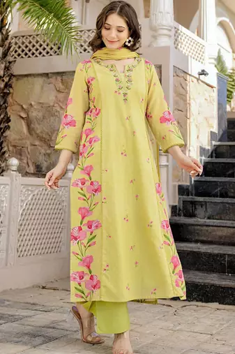 Lemon chanderi butti printed kurta pant set