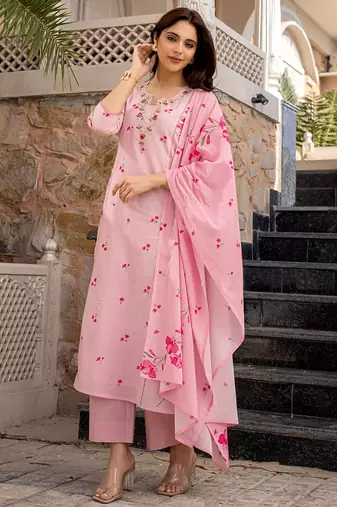 Pink chanderi butti printed kurta pant set