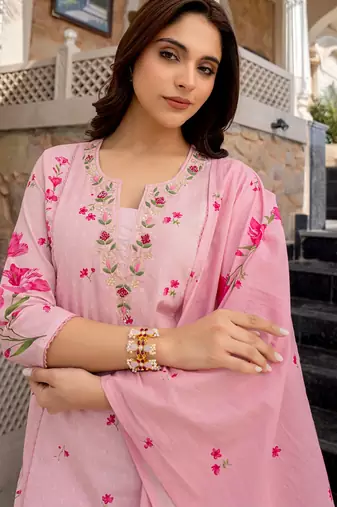 Pink chanderi butti printed kurta pant set