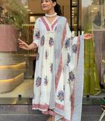 White cotton print with heavy thread embroidered work  kurta pant set