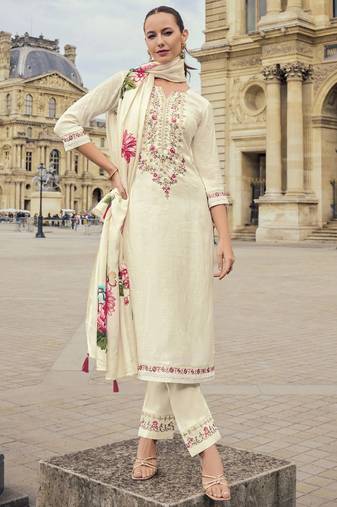 Cream pure viscose jacquard heavy thread embroidered work with printed dupatta kurta pant set