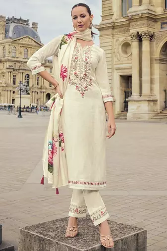 Cream pure viscose jacquard heavy thread embroidered work with printed dupatta kurta pant set