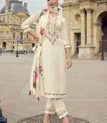 Cream pure viscose jacquard heavy thread embroidered work with printed dupatta kurta pant set