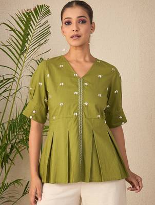 green embroidered cotton peplum top for women 1