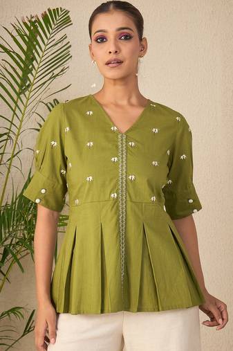green embroidered cotton peplum top for women