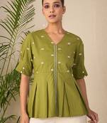 green embroidered cotton peplum top for women