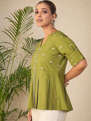 green embroidered cotton peplum top for women 2