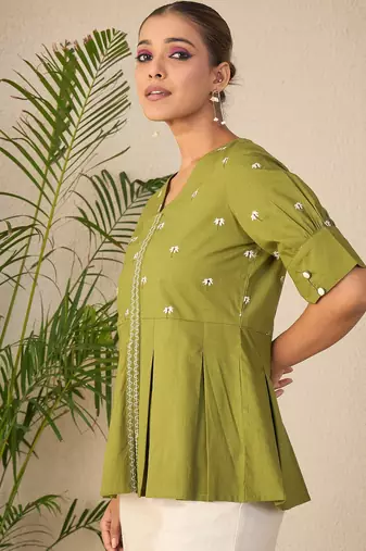 green embroidered cotton peplum top for women