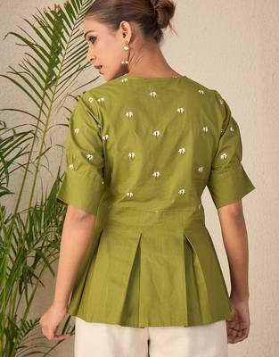 green embroidered cotton peplum top for women 3