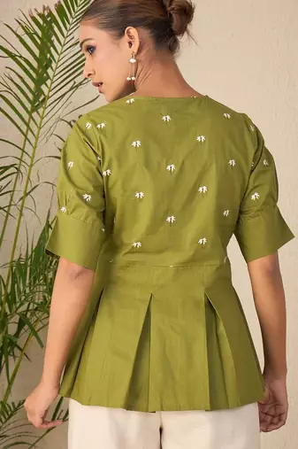 green embroidered cotton peplum top for women