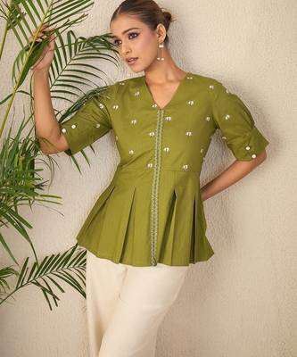 green embroidered cotton peplum top for women 4