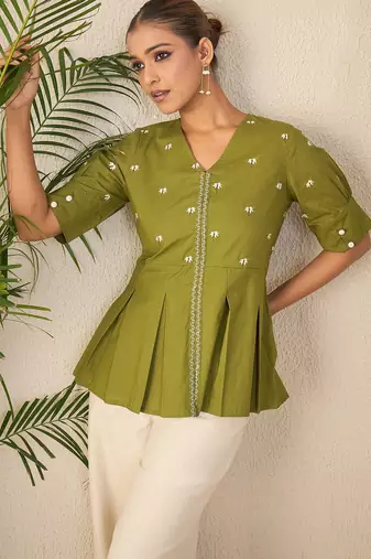 green embroidered cotton peplum top for women