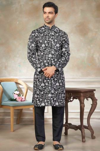 Black colour cotton with embroidery work kurta pajama menswear collections