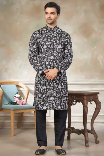 Black colour cotton with embroidery work kurta pajama menswear collections