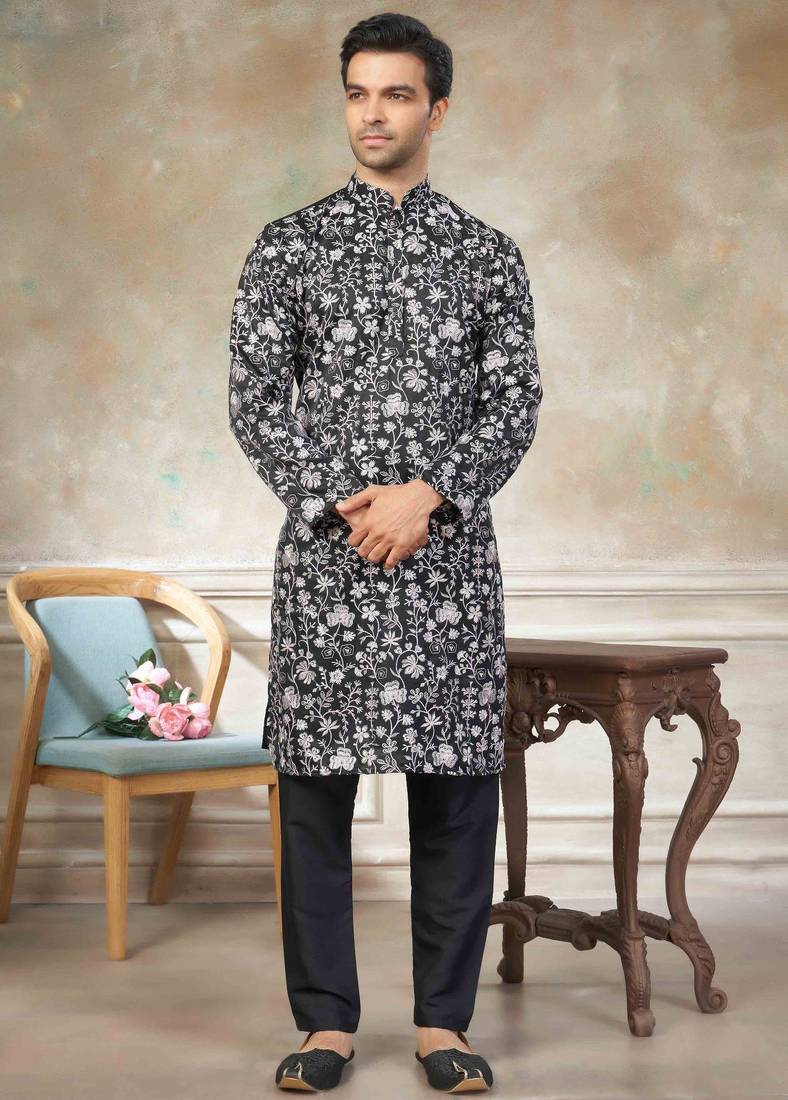 Black colour cotton with embroidery work kurta pajama menswear collections
