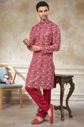Red colour cotton with embroidery work kurta pajama menswear collections