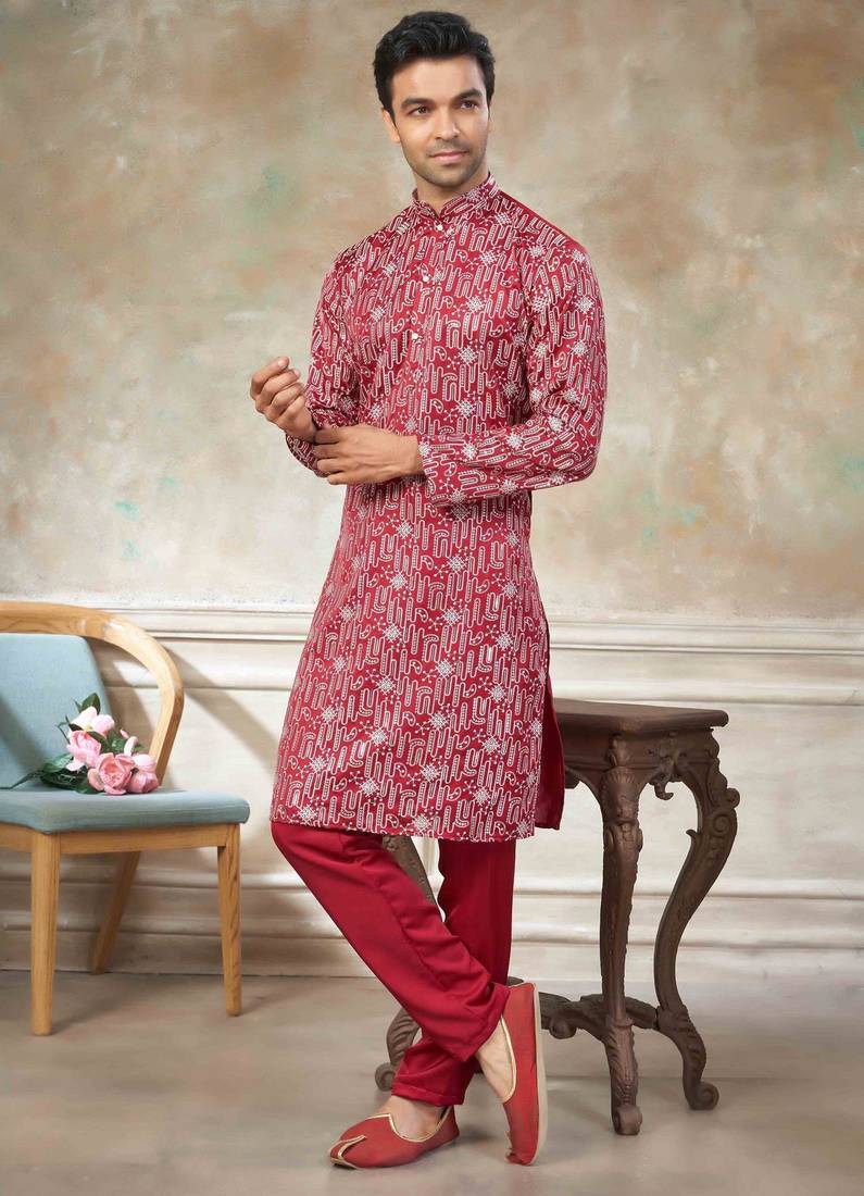 Red colour cotton with embroidery work kurta pajama menswear collections