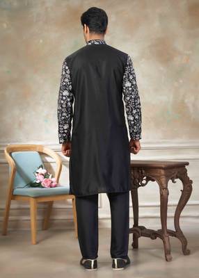 Black colour cotton with embroidery work kurta pajama menswear collections 2
