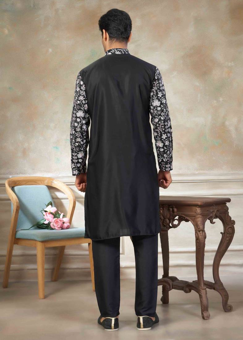 Black colour cotton with embroidery work kurta pajama menswear collections