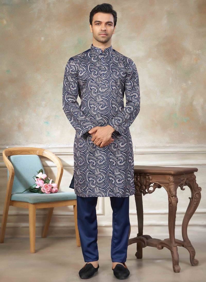 Blue colour cotton with embroidery work kurta pajama menswear collections