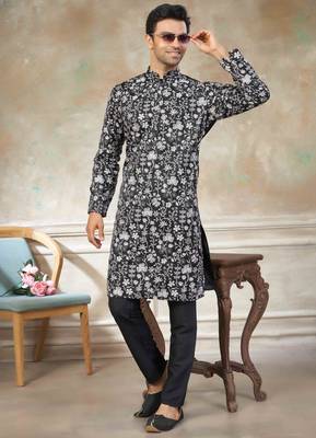 Black colour cotton with embroidery work kurta pajama menswear collections 3