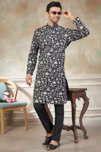 Black colour cotton with embroidery work kurta pajama menswear collections