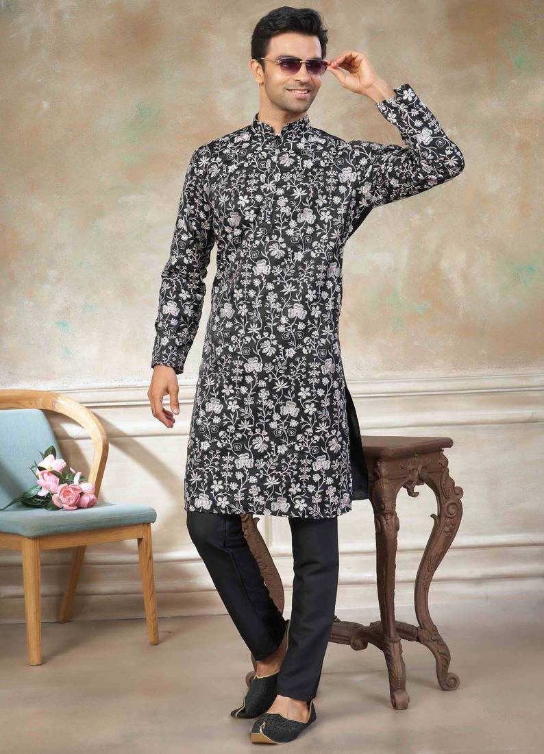 Black colour cotton with embroidery work kurta pajama menswear collections
