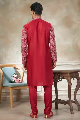 Red colour cotton with embroidery work kurta pajama menswear collections