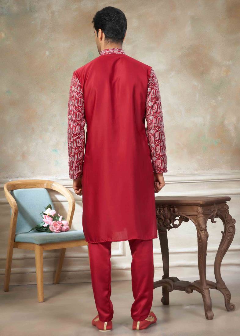 Red colour cotton with embroidery work kurta pajama menswear collections