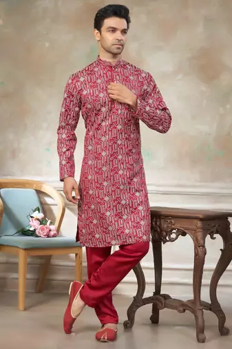 Red colour cotton with embroidery work kurta pajama menswear collections