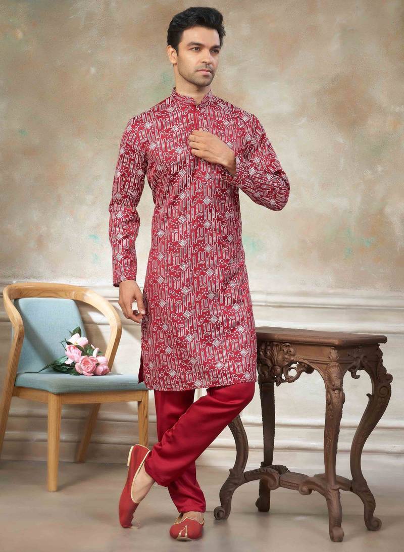 Red colour cotton with embroidery work kurta pajama menswear collections
