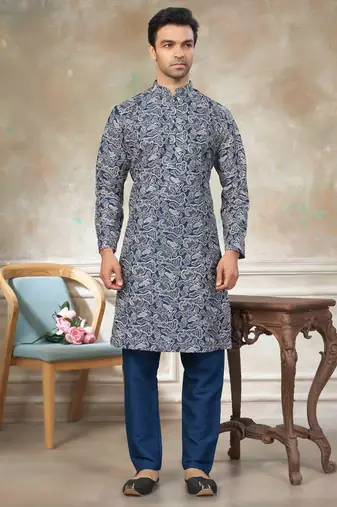 Teal blue colour cotton with embroidery work kurta pajama menswear collections