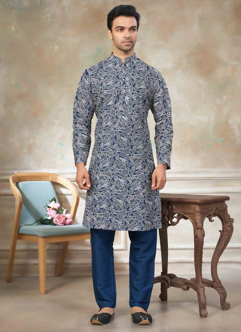 Teal blue colour cotton with embroidery work kurta pajama menswear collections