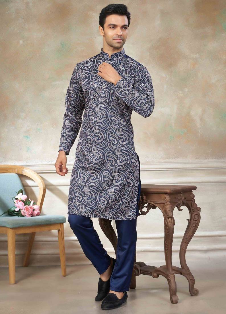 Blue colour cotton with embroidery work kurta pajama menswear collections