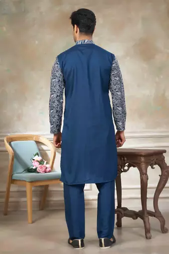 Teal blue colour cotton with embroidery work kurta pajama menswear collections