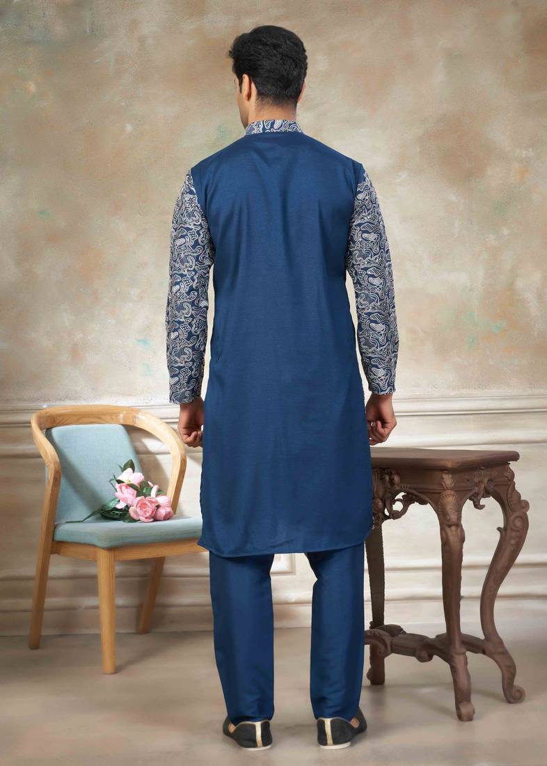 Teal blue colour cotton with embroidery work kurta pajama menswear collections