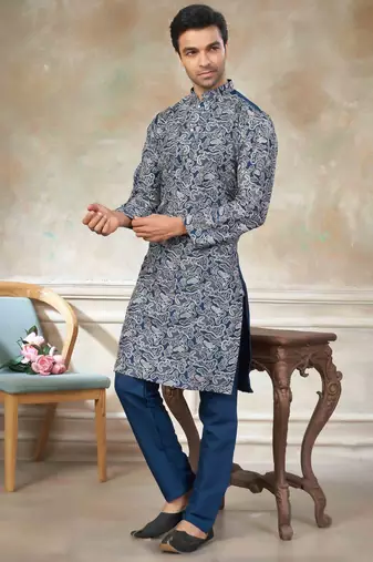 Teal blue colour cotton with embroidery work kurta pajama menswear collections