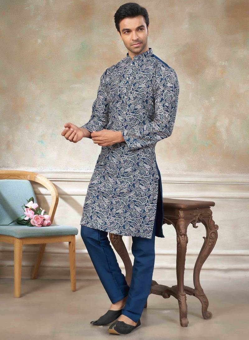 Teal blue colour cotton with embroidery work kurta pajama menswear collections