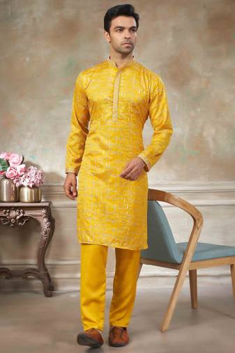 Yellow colour cotton with embroidery work kurta pajama menswear collections