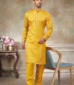 Yellow colour cotton with embroidery work kurta pajama menswear collections