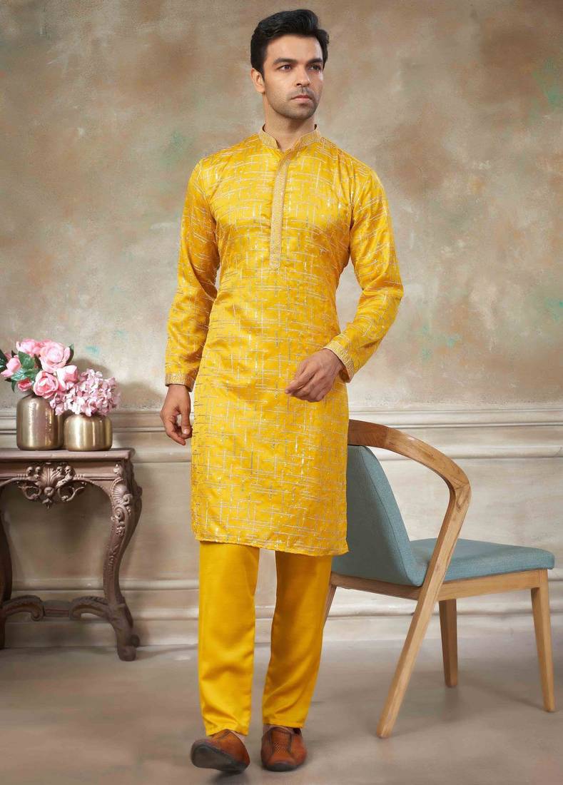 Yellow colour cotton with embroidery work kurta pajama menswear collections