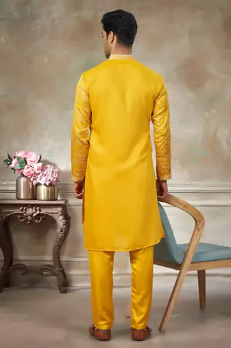 Yellow colour cotton with embroidery work kurta pajama menswear collections