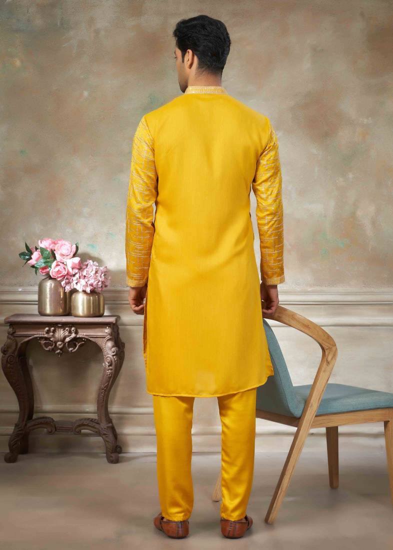 Yellow colour cotton with embroidery work kurta pajama menswear collections