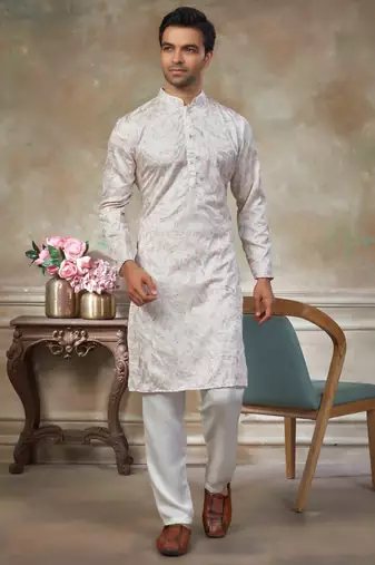 White colour cotton with embroidery work kurta pajama menswear collections
