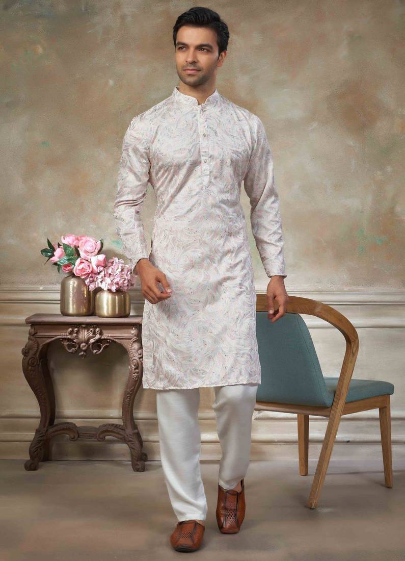 White colour cotton with embroidery work kurta pajama menswear collections