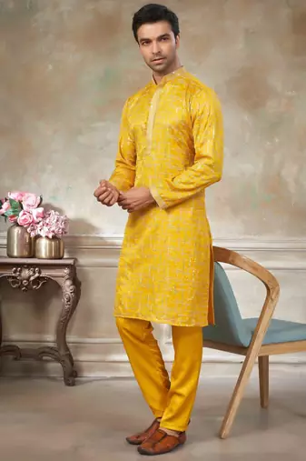 Yellow colour cotton with embroidery work kurta pajama menswear collections